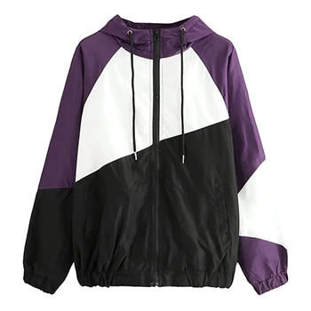 

New Women Hooded Jacket Color Matching Elastic Band Tops Long-Sleeved Zipper Casual Spring Winter Coat Off Season