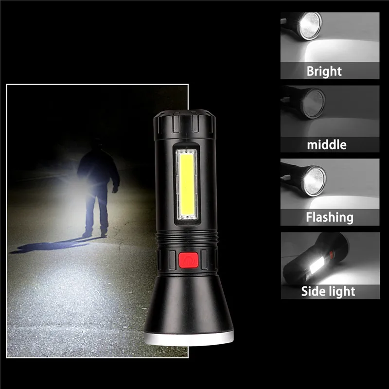 Lampe de poche Rechargeable USB, puissante torche LED à gradation 3 Modes,  batterie 18650 intégrée avec lumière latérale, lampe tactique étanche -  AliExpress