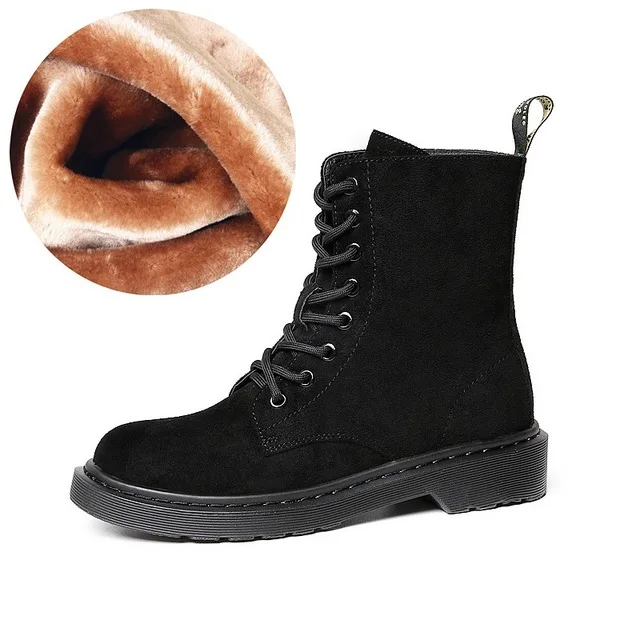 Baimier Winter Black Patent Leather Women Boots Fashion Round Toe Lace Up Ankle Boots For Women Warm Plush Women Winter Boots - Цвет: Flock Black Fur