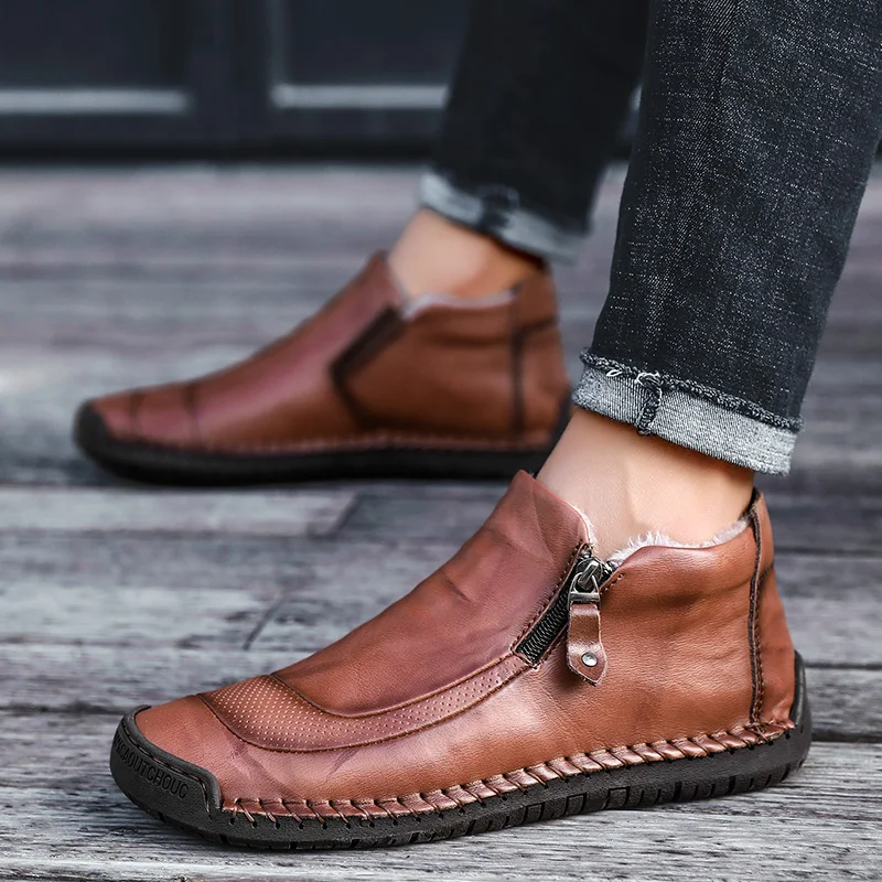 2019  Men Flat Loafers High Top Plush Winter Snow Boot For Men Moccasins Classic Split Leather Walking Shoes Wedding Driver Shoe
