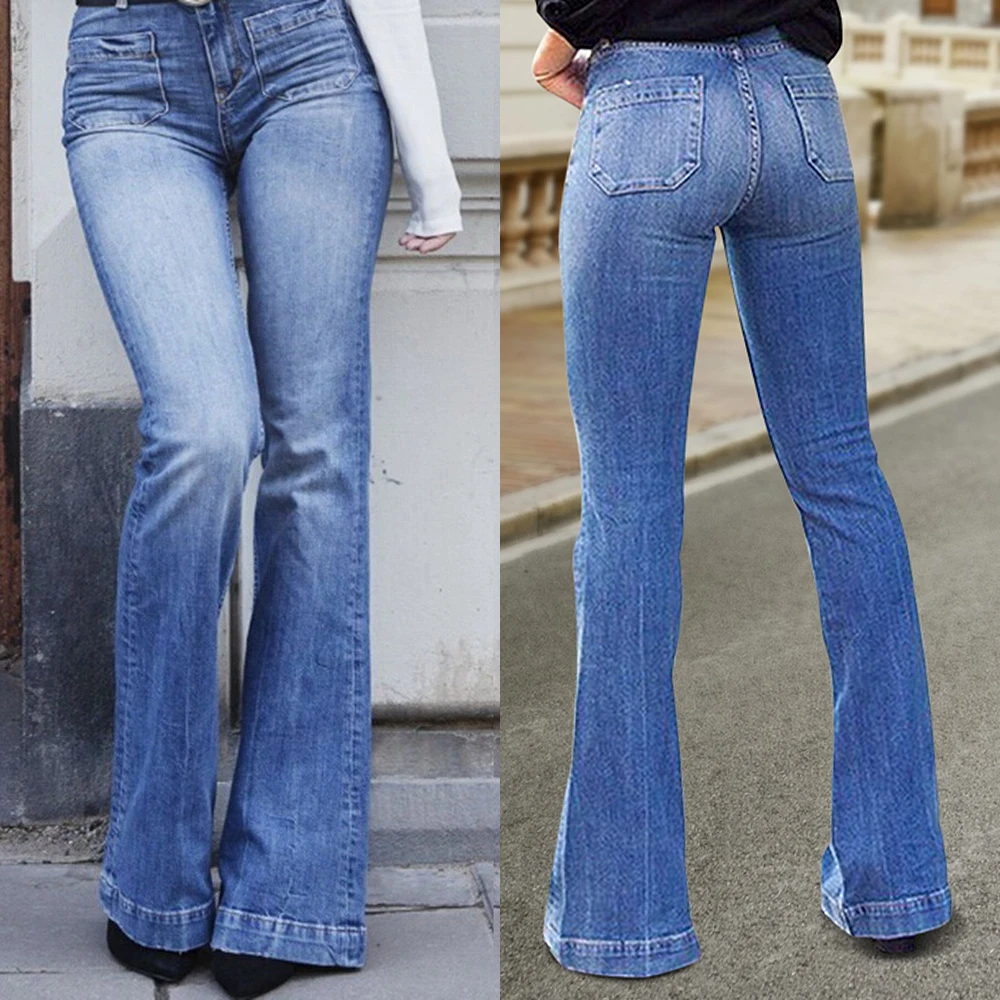 

2020 Spring Winter Flare Jeans High Waist Wash Denim Wide Leg Pants Women Trousers Plus Size Bell Bottom Pants Skinny Joggers