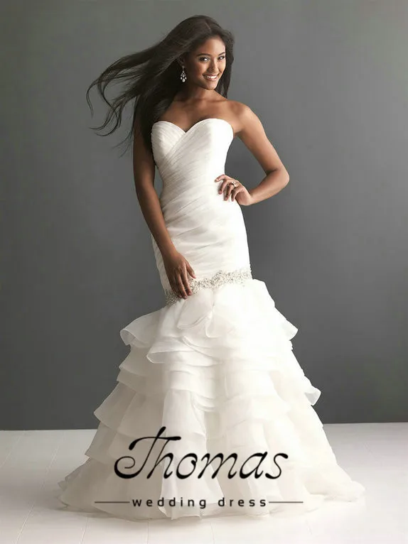 Frete grtis venda quente elegante Бисероплетение babados querida sereia органза vestidos brancos/vestido de noiva marfim personalizado