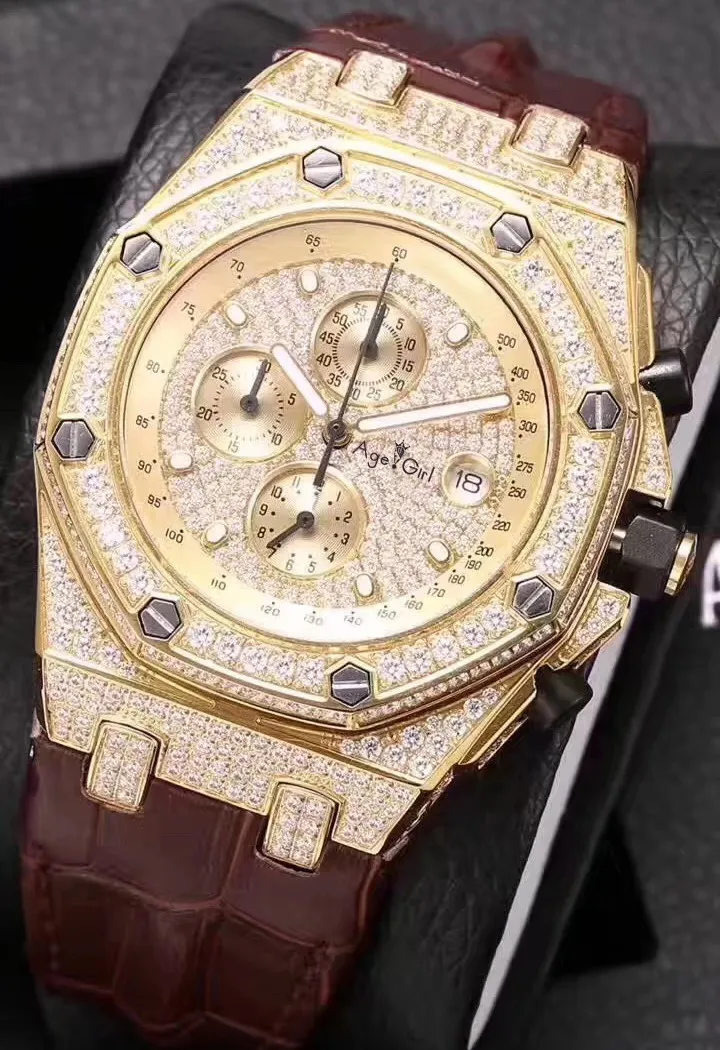 Роскошные брендовые новые мужские часы хронограф Сапфир из нержавеющей стали желтый розовый Золотой Серебряный светящийся черный полный со льдом бриллианты AAA