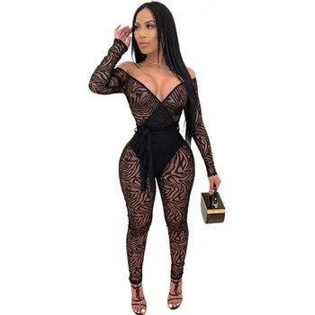 

Sexy Night Party Club Sheer Mesh Jumpsuit Women Zebra Print Off Shoulder Long Sleeve Bodycon Rompers Female Overalls for Women