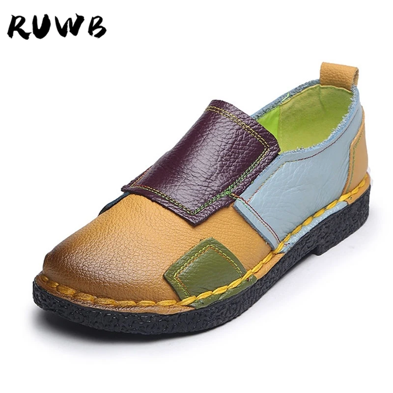 

RUWB European and American Style Genuine Leather Flat Shoes Women Soft Bottom Round Toe Comfort Sneakers Zapatos Mujer 2019 Flat