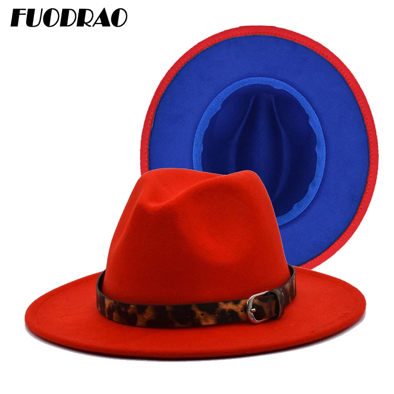 

FUODRAO Spring Autumn Wool Fedora For Women Double Color Panama Belt Wide Brim Jazz Cap British Classic Travel Cowboy Hat F54