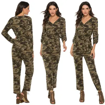 

Women Bodysuit Long Pants Camouflage Jumpsuit Female Painted Overalls With Belt Autumn Spring V Neck Rompers Ladies Jumpsuits