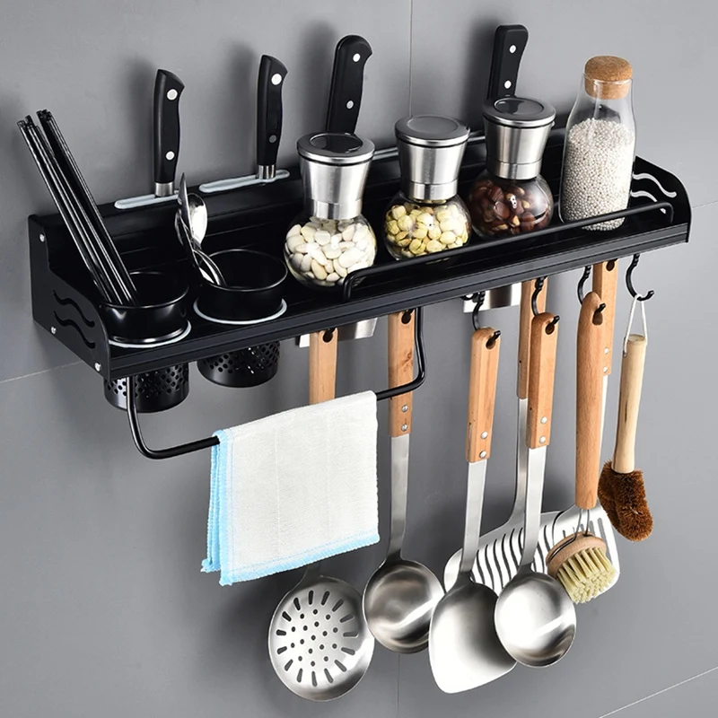 

Wall Mount Black Kitchen Storage Rack Shelf Kitchenware Cutlery Holder Organizer