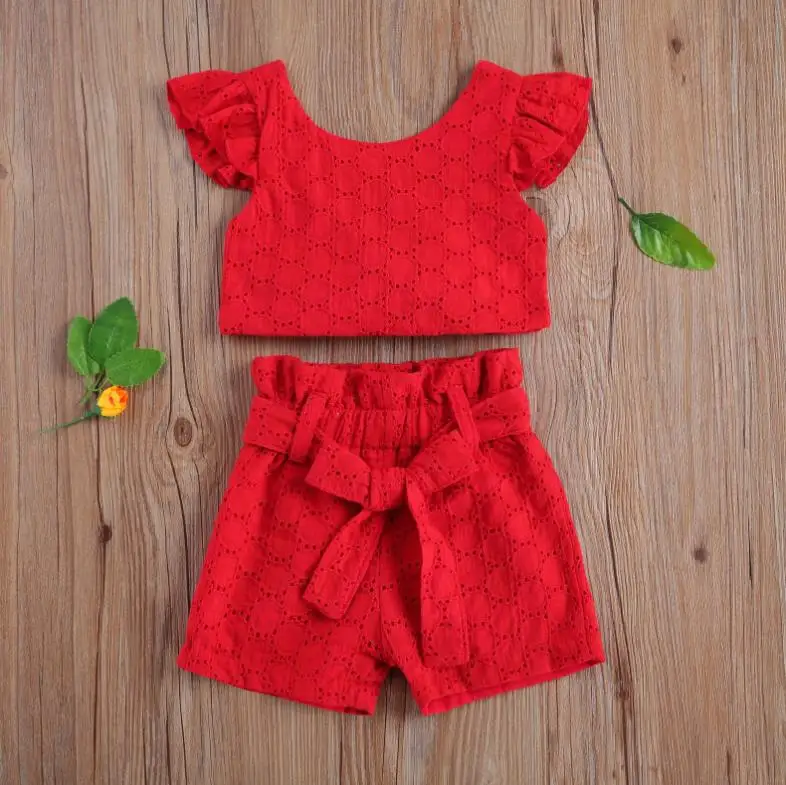 Kids girls clothing set t shirt Children Kids Summer Clothing Set Jacquard Flying Sleeve Backless T-shirt Shorts Two-piece Suit Lace Girls Clothes Set