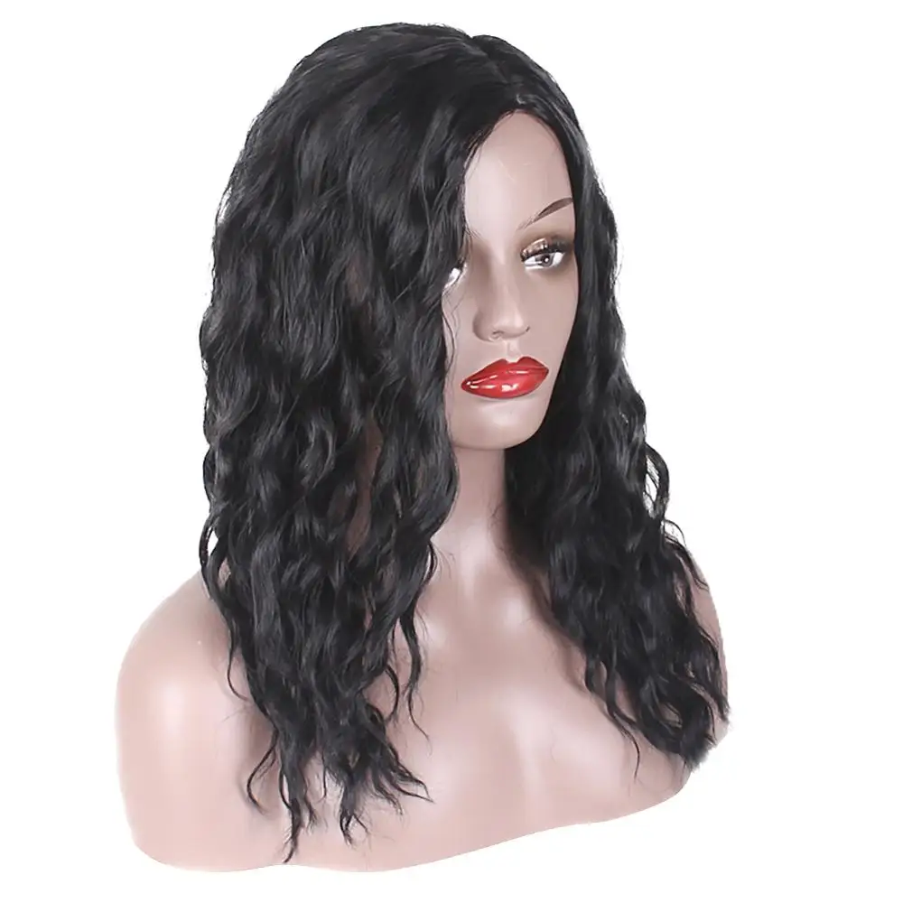 

45cm length Black Short Wig Women Side Bangs Curly Fashion Wigs High Temperature Fiber Synthetic Hair