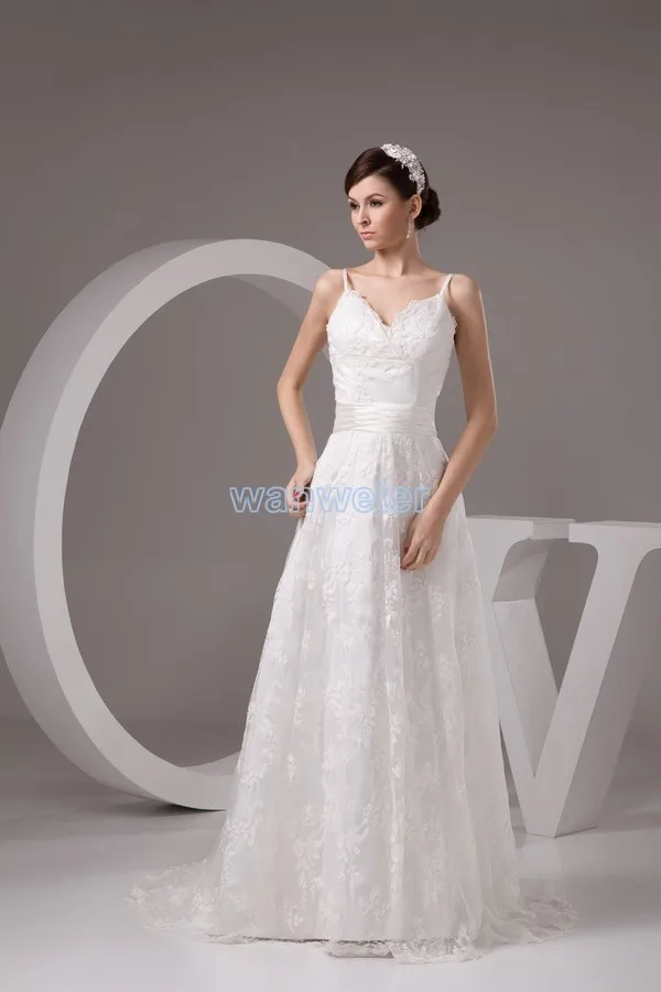 

free shipping 2015 new design v-neck hot sexy custom a-line bride gowns white long cheap lace wedding dress bridal dresses