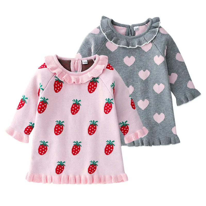 

Girls Dress Spring And Autumn New Style Double Layer Cotton Knitted Dress Young Children Strawberry Heart Lace-up Sweater Prince