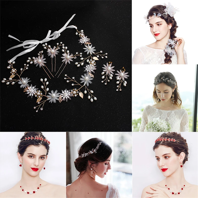 

Red Crown Wedding Headpieces Tiaras de Noiva Handmade Floral Wedding Jewelry Sets Bridal Headress Accessories Hairpins for Bride