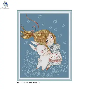 

Girl and Rabbit Paintings Cross Stitch Printed Canvas DIY Hand Made Embroidery Sets for Needlework DMC Cotton Thread Crafts