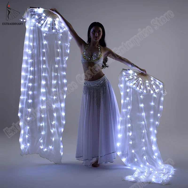 LED Luminous Folding Fan Belly Dance Light Up Show Party Veil for Both Hands 