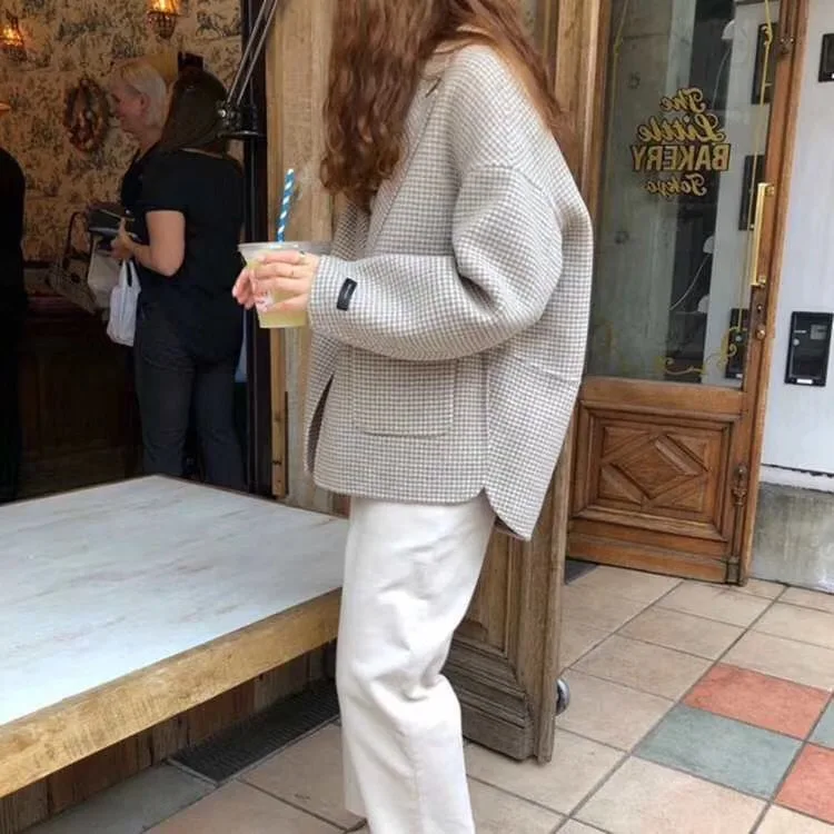 

Woolen Jacket Women's Short Short-height 2019 New Style Loose-Fit Students Casual Small Suit Thousands of Birds Woolen Overcoat