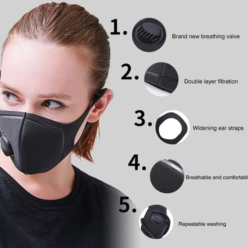 

Unisex Sponge Dustproof PM2.5 Pollution Half Face Mouth Mask With Breath Valve Wide Straps Washable Reusable Muffle Respirator