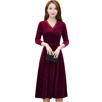 

Plus size women's clothing 2020 Spring fashion Lace-neck V-neck gold velvet sequined high waist long-sleeved dress Party Vestido