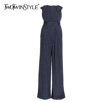 

TWOTWINSTYLE Stripe Ruffle Jumpsuit For Women Slash Neck High Waist With Sashes Female Jumpsuits 2020 Spring Fashion New