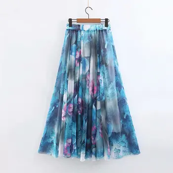 

women print pleated long skirts 2020 fashion spring ladies appliques A-line mid-calf length skirt chic girls bohemian style