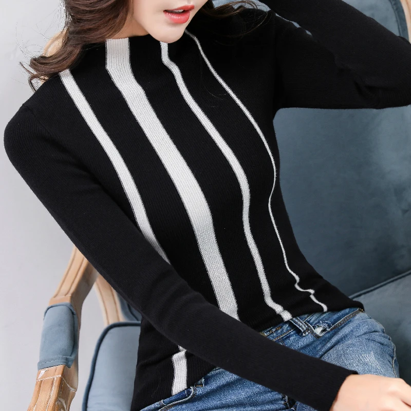 

winter woman sweater 2019 fashion black white striped sweater women pullover long sleeve top women autumn knitted sweater B975