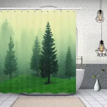 

Mystic Landscape Pine Forest Home Decor, Pine Trees in Woodland with Foggy Air in Mountain Bath Curtain, Polyester Fabric