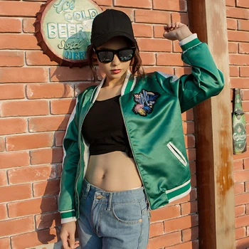 

2018 Spring Autumn Women Casual Baseball Jacket Embroidery Blue Long Sleeve Jacket with Pocket Chic Women Clothing