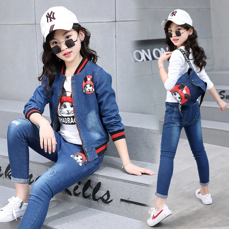 

Teen Girls Clothes For 10 11 13 14 Years Autumn Clothing Set Jacket + shirt+ Pants 2pcs Embroidered Denim Coat Suit DX03143
