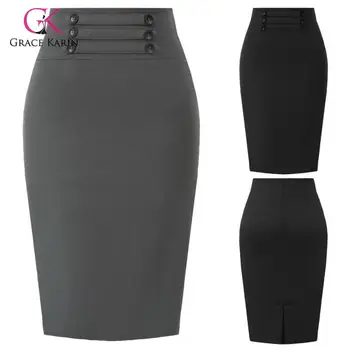 

Grace Karin Women's Pencil Skirt Office Lady Package Hip Straps & Buttons Decorated Skirts High Waist Solid Stretchy Midi Skirt