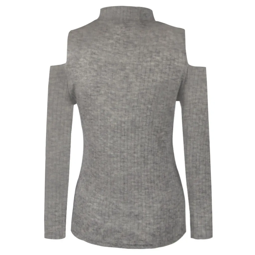 Женский свитер без бретелек, осенняя мода, однотонный цвет, водолазка, длинный рукав, вязаный пуловер, тонкий свитер