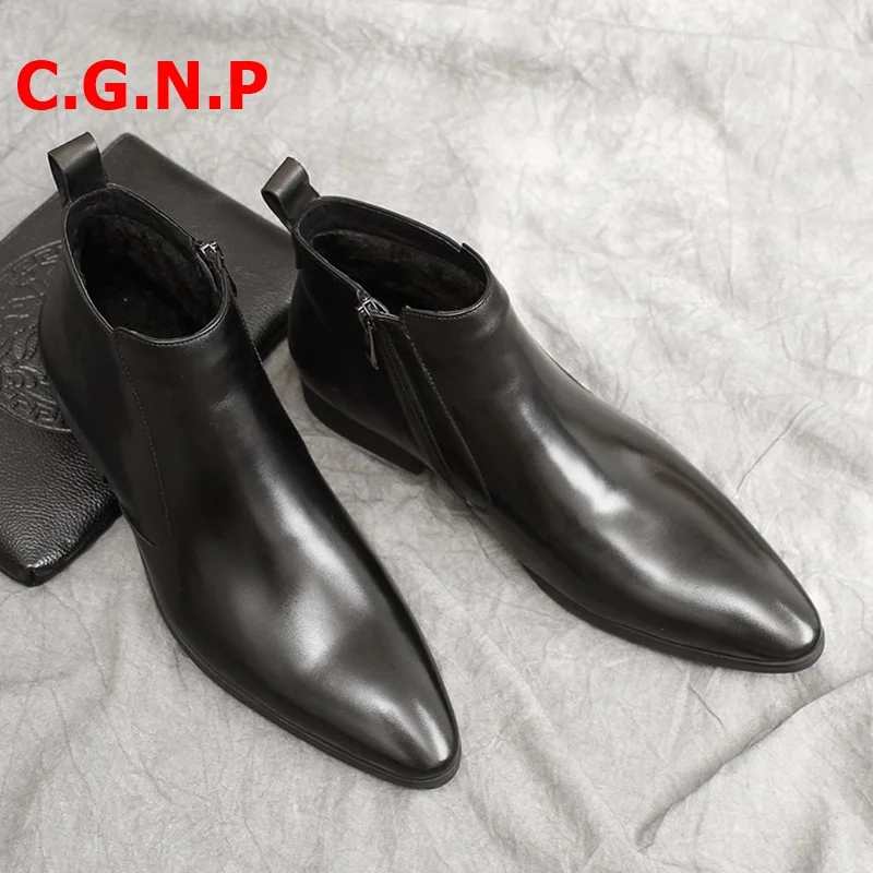 

C.G.N.P Autumn Winter Men Boots British Style Genuine Leather Pointed Toe Ankle Boots Office Formal Wedding Party Chelsea Shoes