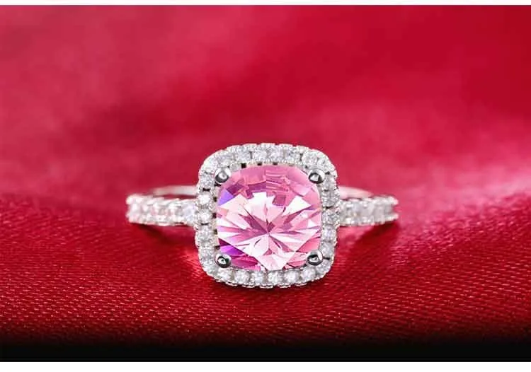 925 Sterling Silver cushion cut zircon Jewelry set Engagement ring stud earring for women gift size 11,12,13 J1099-pink - Image 5