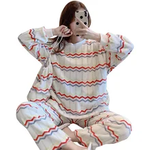Flannel Pajamas for Teen Girls Stripe Sleepwear Warm Pijamas Women Pyjama Set Velvet Femme Lounge Home Wear 2 Pac/set Nightwear