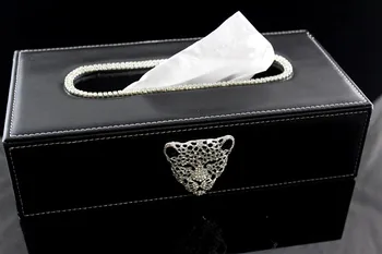 

Black Car Tissue Box with Metal Leopard Head and Crystals Block Paper Towels Container Tissue Cover Case for Home Office
