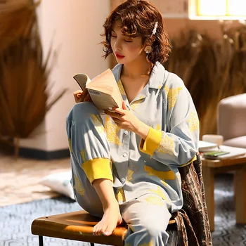 

Star Cotton Long Sleeve Cardigan Pajamas Pajamas Set for Women Female Sleepwear Pyjamas camisola nuisette Home Clothing