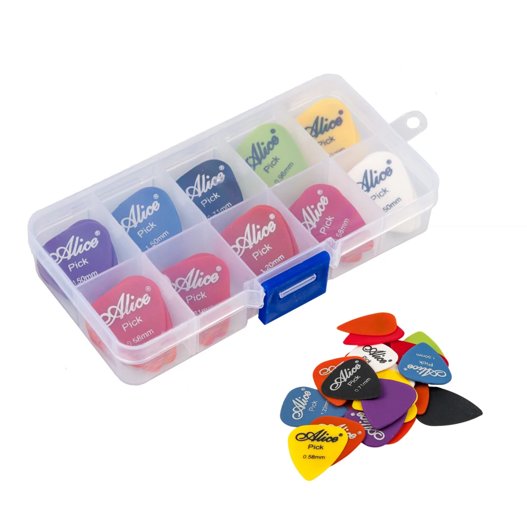 

24Pcs/ 1 Set Alice Plastic Guitar Picks Set W/ 10 Grid Plastic Storage Box 0.58mm/0.71mm/0.81mm/0.96mm/1.2mm/1.5mm Random