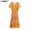 Vintage Chic women yellow Floral print rayon Bohemian beach maxi dress Ladies V neck Tassel Summer pleated Boho dress vestidos ► Photo 1/6