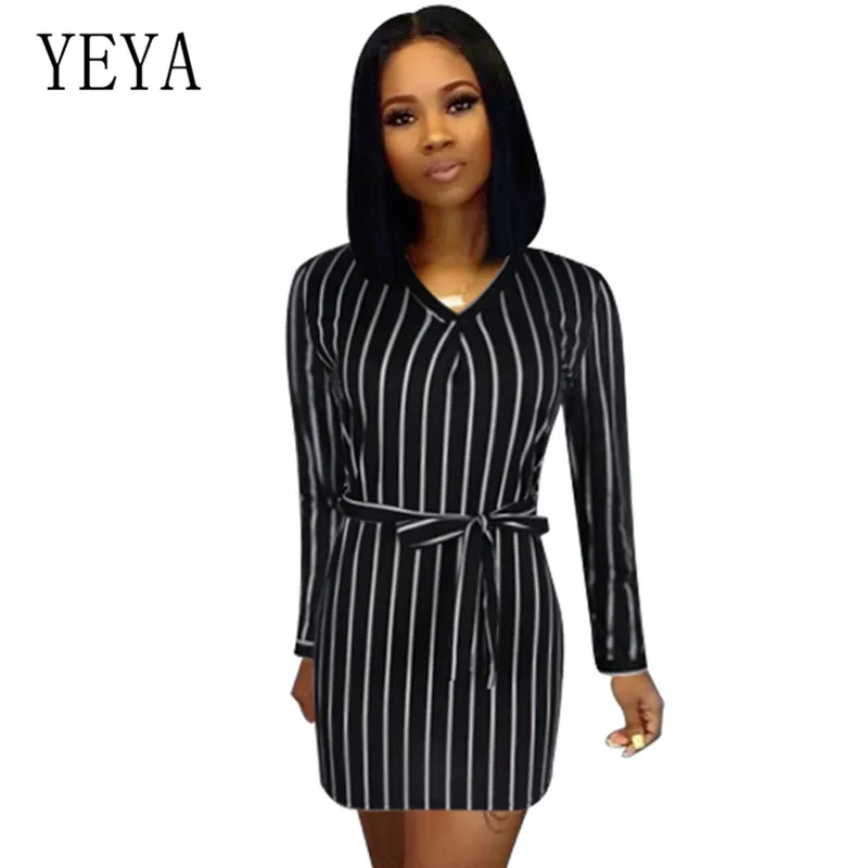 

YEYA New Women Sexy Striped Slim Dress Elegant Long Sleeve Hollow Out V-neck Casual Bandage Bodycon Mini Dress Skinny Ropa Mujer