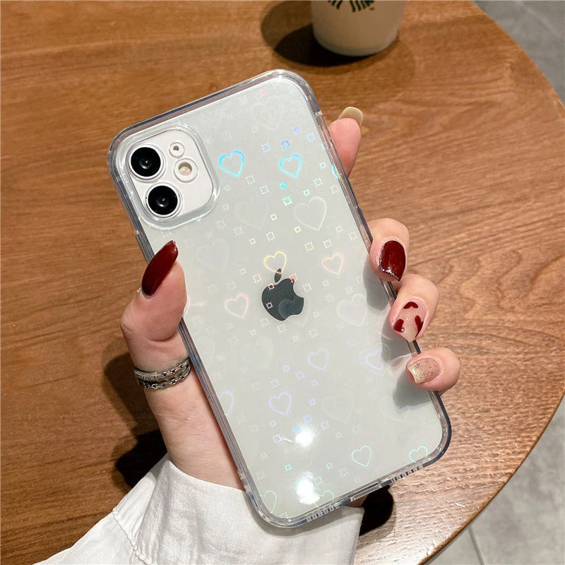 Gradient Rainbow Laser Case For iPhone X XS Max XR Transparent Soft For iPhone 11 12 13 Pro Max 7 8 Plus Clear Love Heart Cover iphone 11 Pro Max wallet case