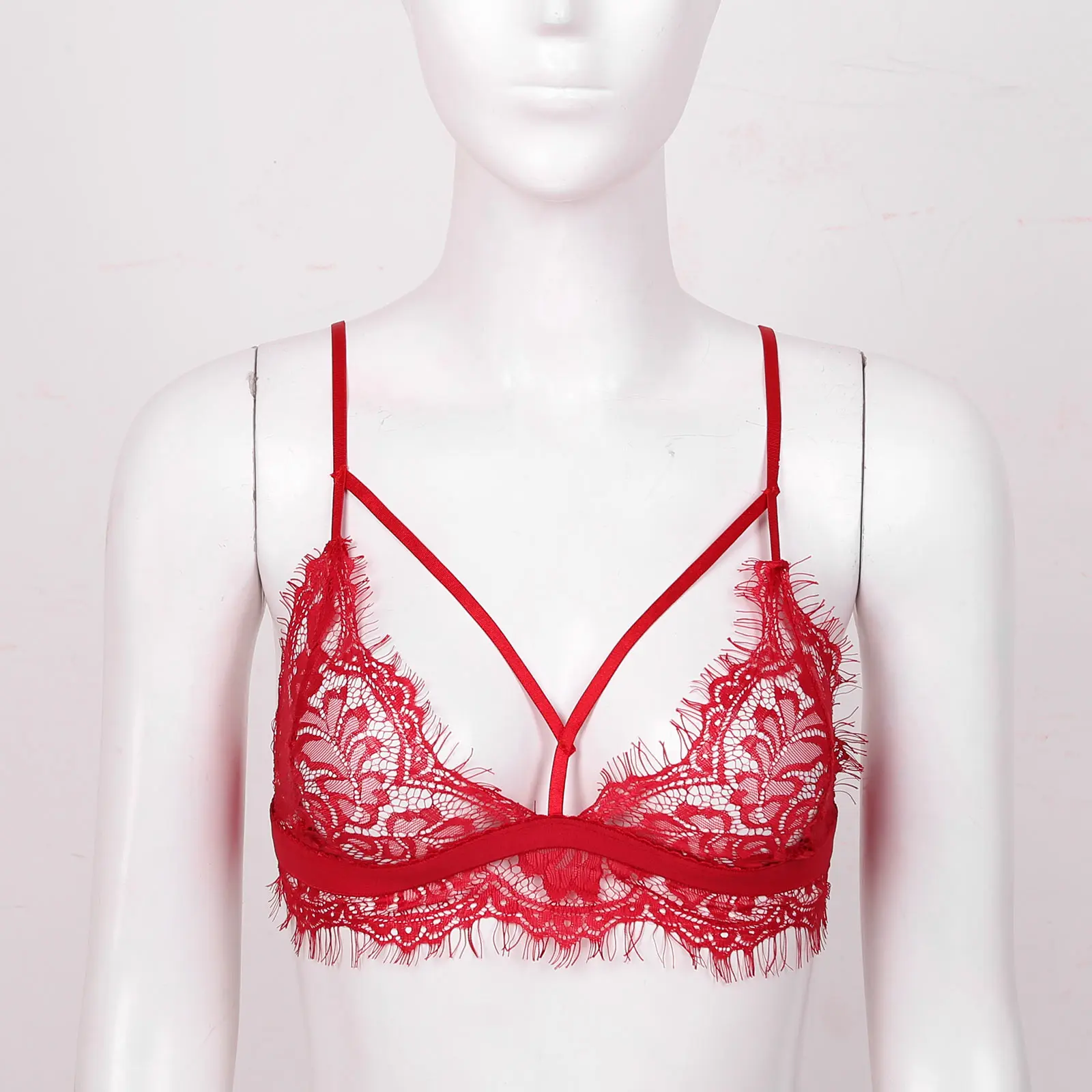 Women Lace Bra Brassiere Red See-through Lace Bralettes Hollow Out Bra Tops Erotic Sexy Lingerie Adjustable Ladies Underwear