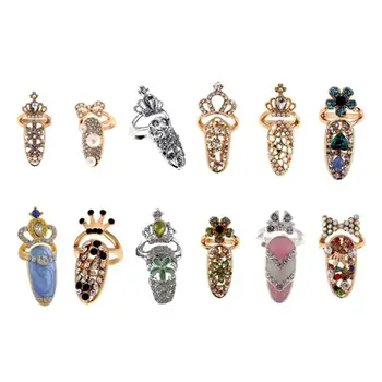 

12 pcs Nail Decoration Rings Crown Fashion Crystal Personalized Alloy Joint Ring Finger Jewelry for Girls Women