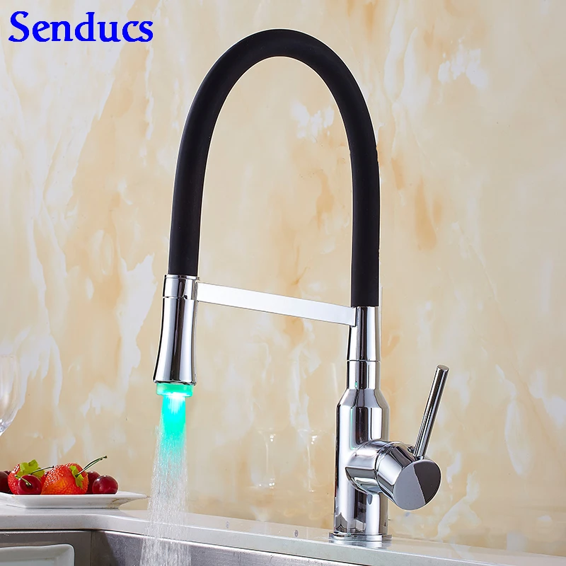 9135-chrome-LED Senducs светодиодный смеситель для кухни качественный латунный вытяжной кухонный кран для раковины роскошный светодиодный смеситель для ванной комнаты модный домашний кухонный кран - Цвет: 9135-chrome-LED