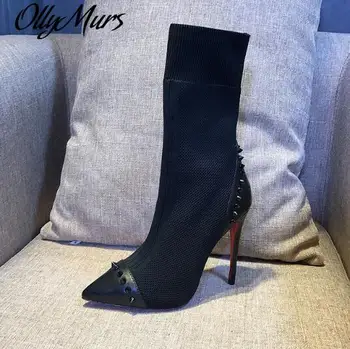 

knitting Stretch Fabric Spikes Rivets Women Boots 8cm 10cm Thin High Heels So Kate Slip On Shoes Woman Sexy Ladies