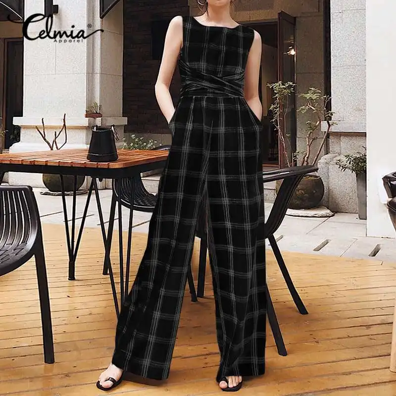 Rompers Womens Jumpsuit Celmia 2020 Summer Sleeveless Elegant OL Plaid Playsuits Casual Wide Leg Pants Belted Grid Print Overall Rompers Womens Jumpsuit Celmia 2020 Summer Sleeveless Elegant OL Plaid Playsuits Casual Wide Leg Pants Belted Grid Print Overall