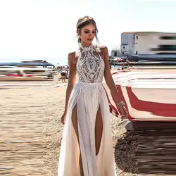 Beach Wedding Dresses A-line Halter Chiffon Lace Slit Backless Boho Dubai Arabic Wedding Gown Bridal Dress Vestido De Noiva