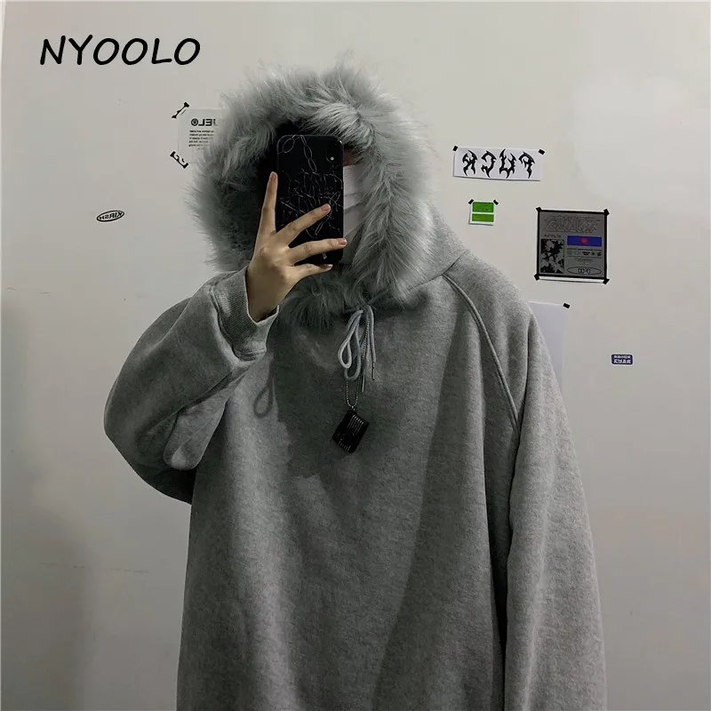 NYOOLO, винтажный уличный меховой воротник, утолщенные теплые толстовки, Осень-зима, свободный плюс бархатный пуловер, толстовка с капюшоном, женские и мужские топы