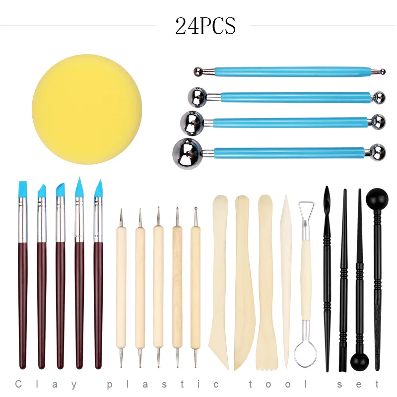 24pcs Pottery Ceramic Clay Tools Set Polymer Clay Wooden Pottery Sculpting sculpture Clay Cleaning Art Kit for Pottery Modeling