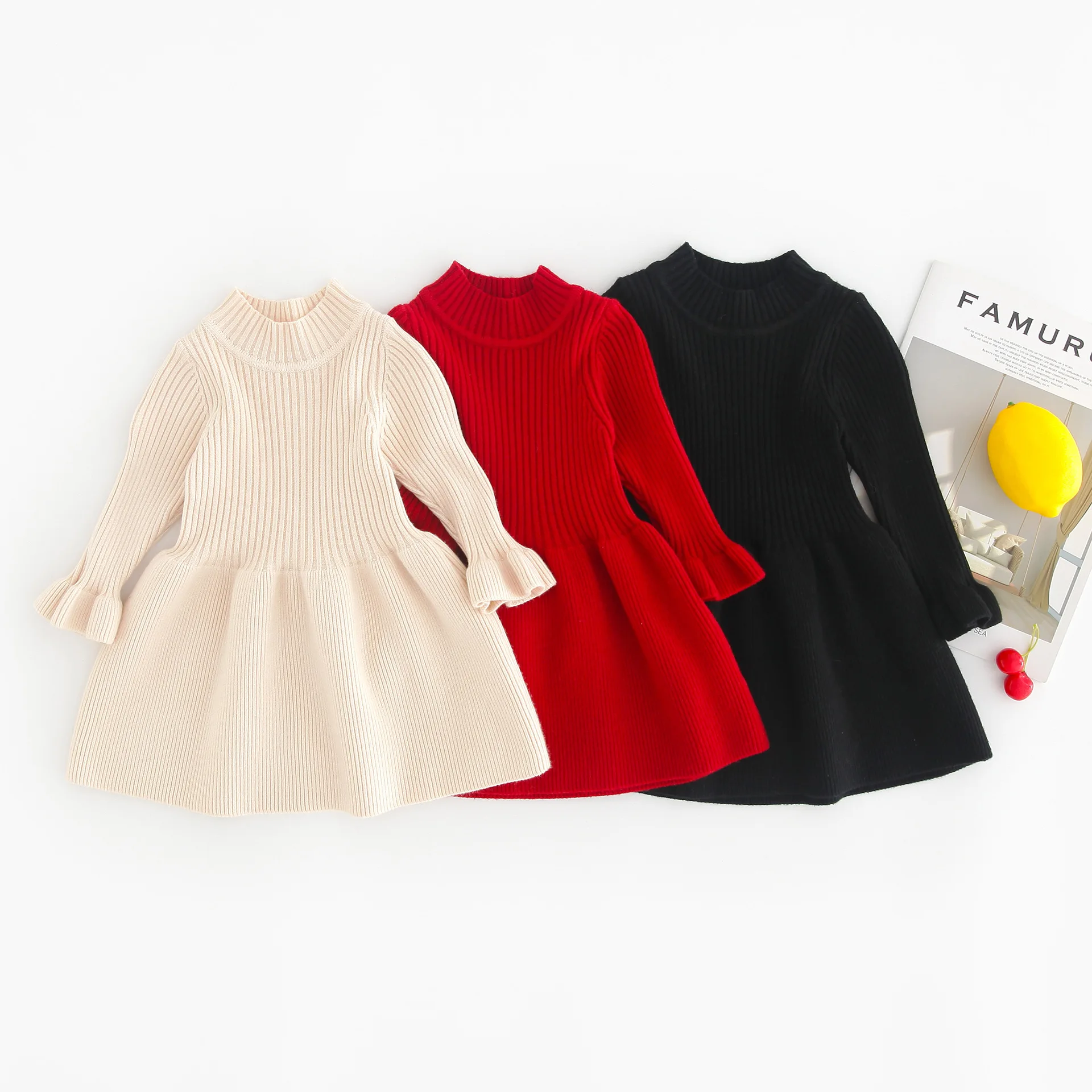 WLG/осенне-зимние платья для девочек; детское трикотажное однотонное платье с рюшами; цвет бежевый, черный, красный; Теплая Повседневная универсальная одежда для маленьких девочек