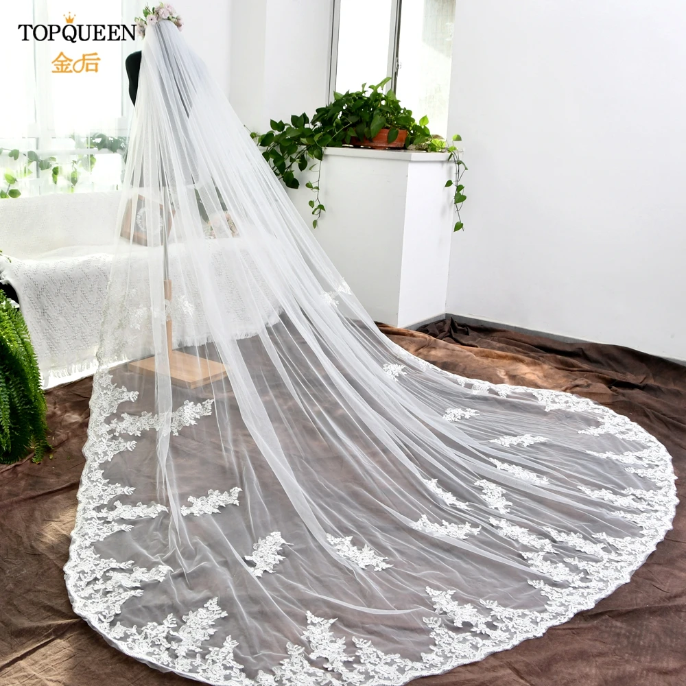 TOPQUEEN V67 3 M Long Embroidery Lace Wedding Veil Vintage Veil Cathedral Wedding Veil 1 Layer with Metal Comb Bride Accessory