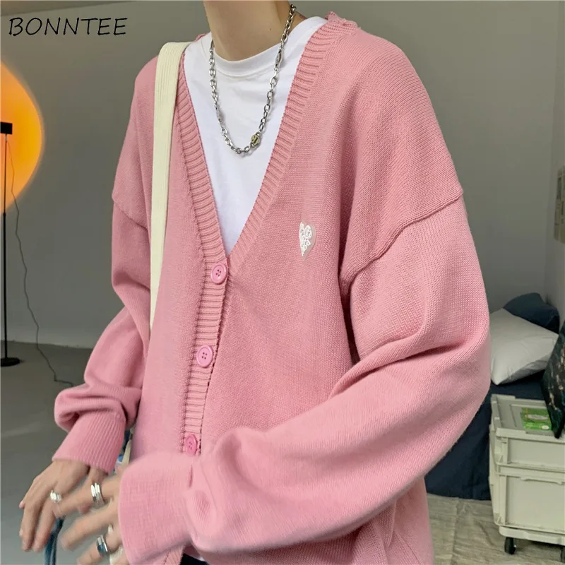 Pink Cardigan Men Long Sleeve Vneck Sweaters Retro Spring Autumn